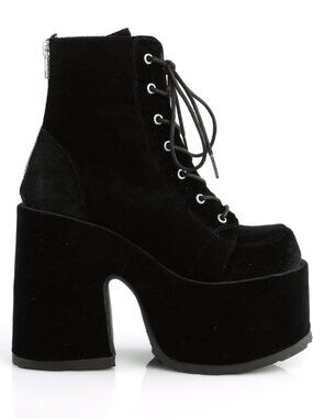 Chunky Heel Platform Black Velvet Ankle Boot with Metal Back Zip Closure